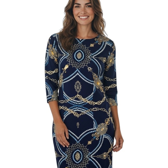 J. McLaughlin Dress Navy and Gold Chain Pattern Dress Size Small - Picture 1 of 10